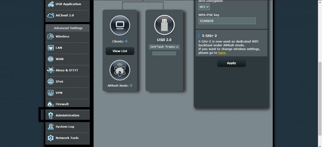 Admin dashboard in ASUS router