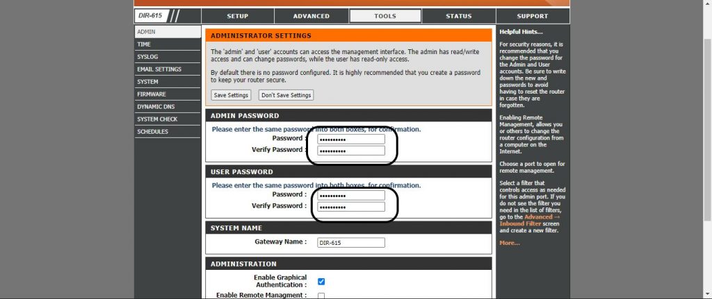 Enter the new passwords in the highlighted boxes