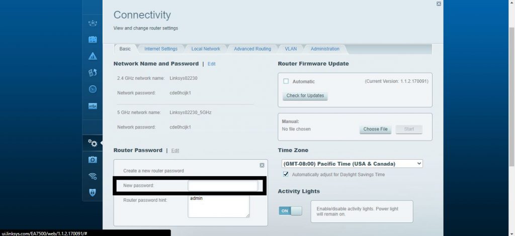 Reset password in Linksys router as highlighted with black box