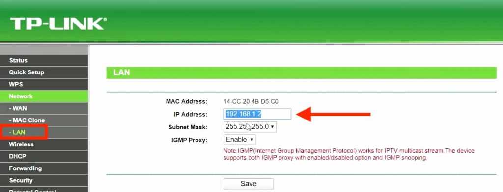 change the IP address under LAN as highlighted with red box