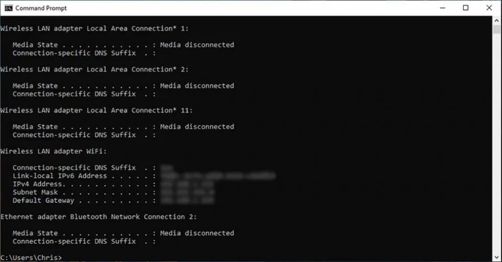 Using the ipconfig command to Find the Router's IP Address