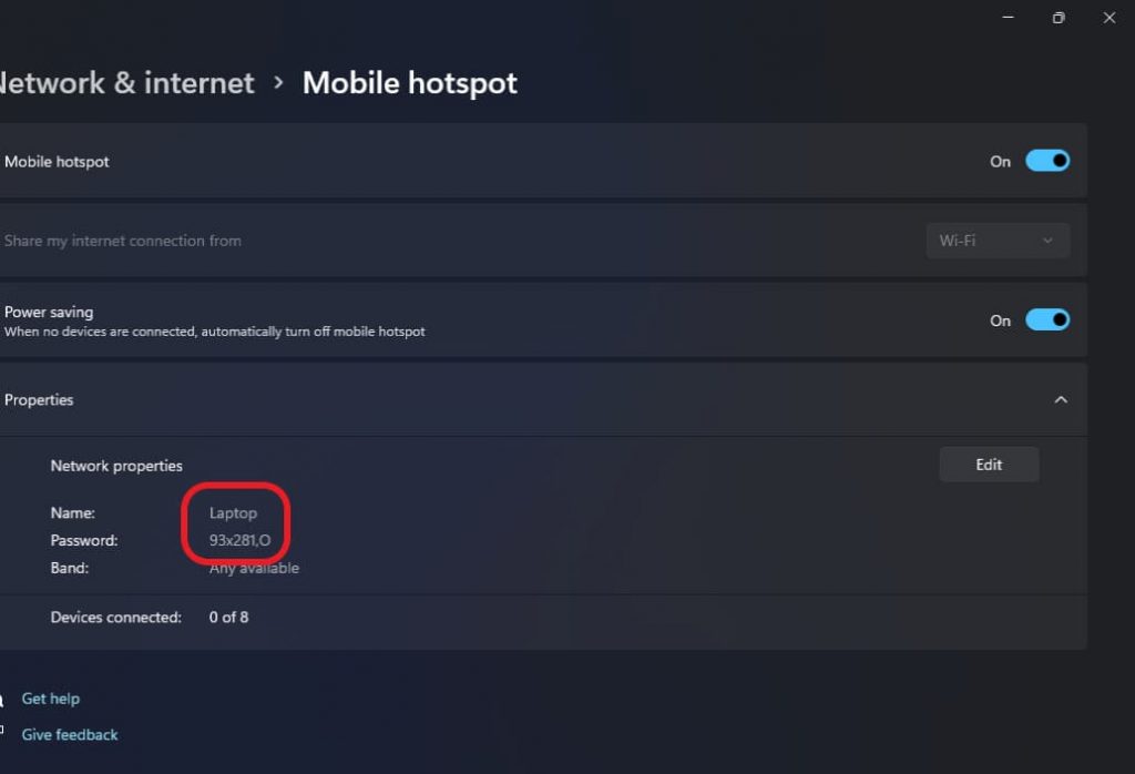 See Mobile Hotspot Properties around red rectangle