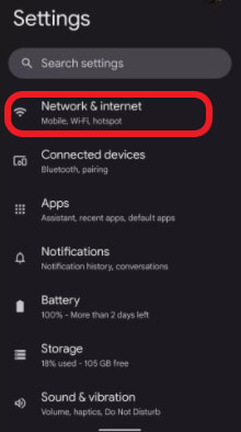 Choose the Network and Internet on Smartphone